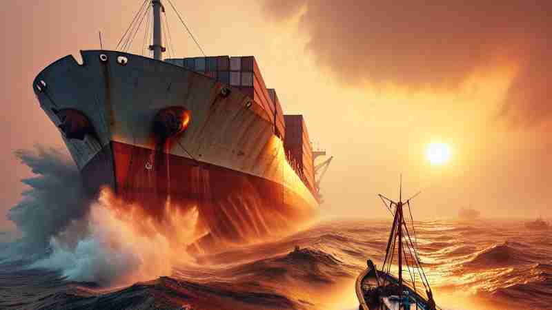Two Lives Lost: Fishing Boat Collides with Ship Off Ponnani Coast, Concept art for illustrative purpose, tags: fischerboot mit schiff vor der küste - Monok
